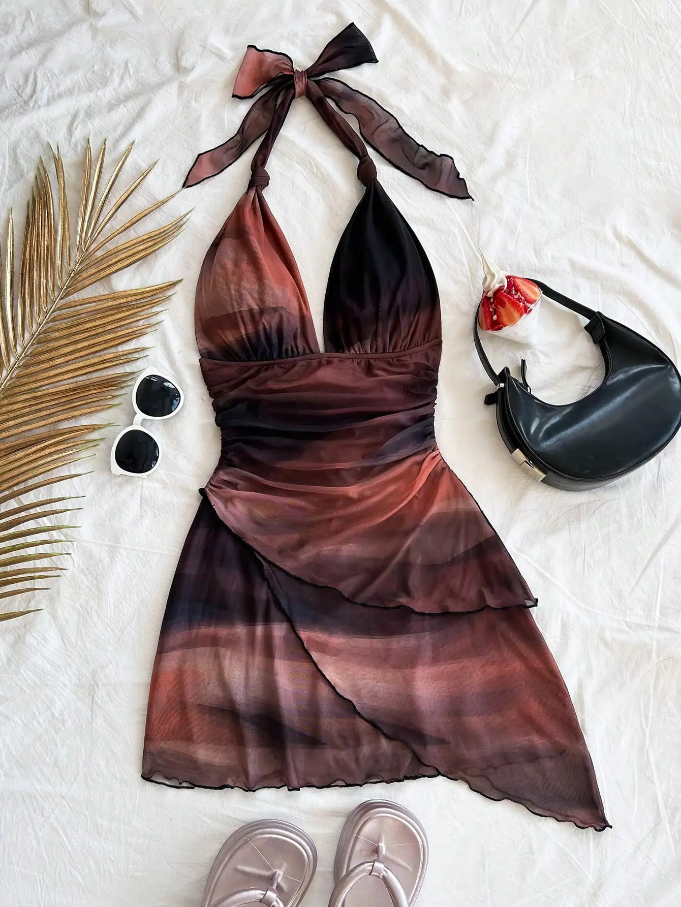 2025 Europe and the United States Fashion Gauze Printed Neck Sleeveless Sexy Tight Deep V Short Sexy Pure Backless Dress 250415