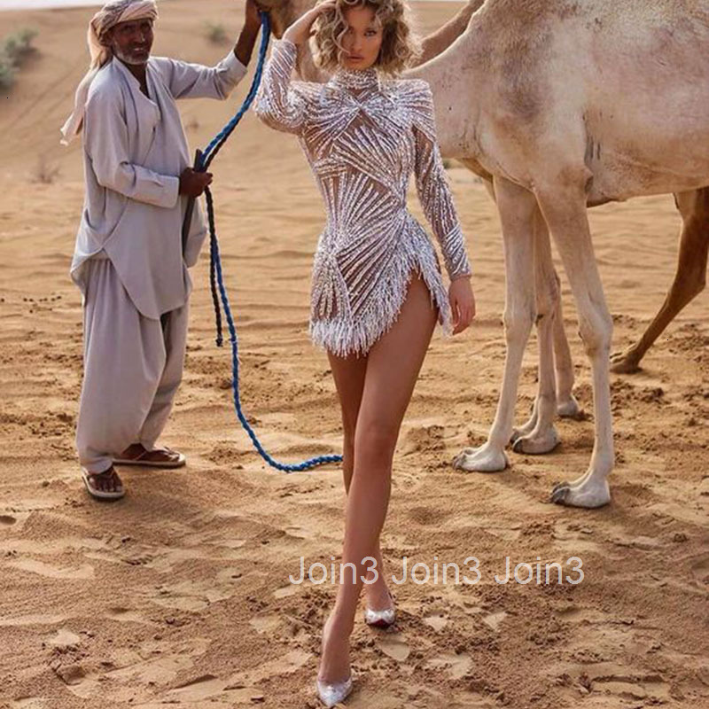 2025 Spring/summer New Womens Short Skirt Long Sleeve High Neck Sprinkle Gold Tassel Split Dress