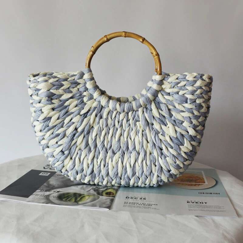 Brand Shell Evening Fashionable And Elegant Clutch Wooden Handle Handbag Large Capacity Woven Women's Bag