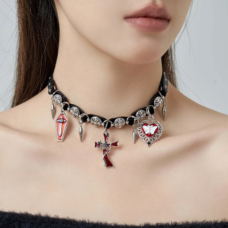 Original leather suffocating punk deep red cross necklace river pendant suffocating 250408