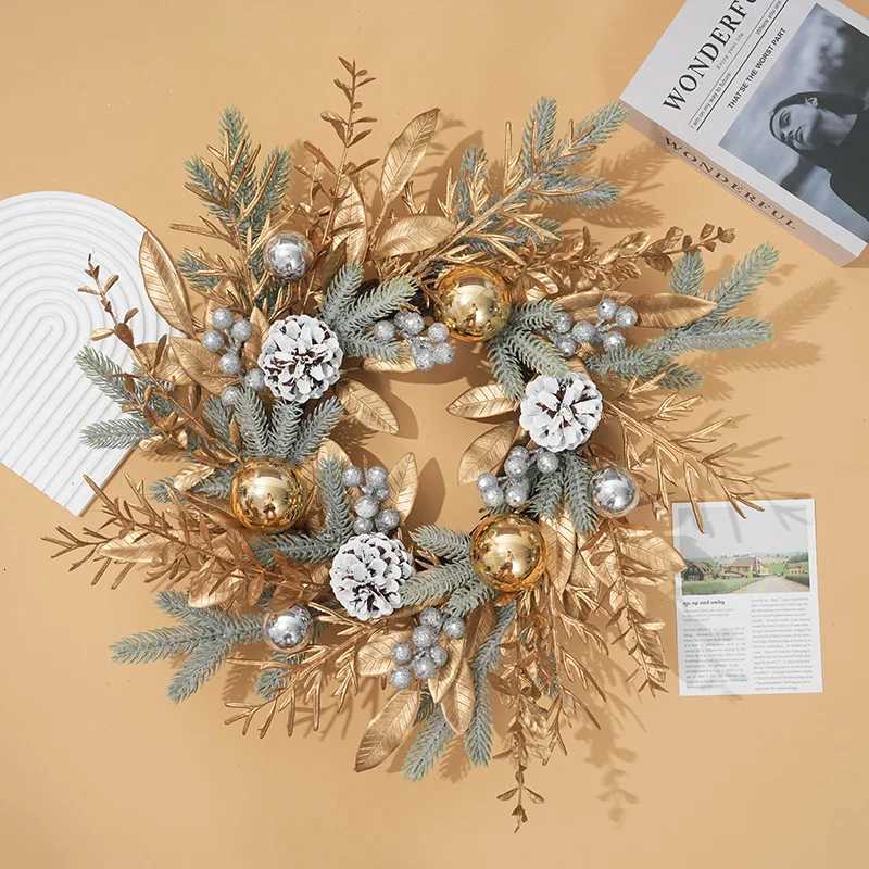 Christmas Wreath Pine Cones Snow Frost Pine Needles Golden Branches and Leaves Electroplated Ball Rattan Circle Door HangingM251115