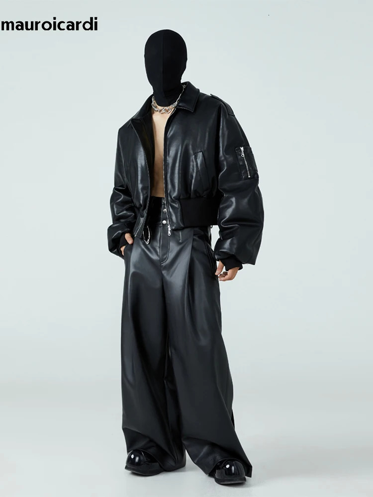 Mauroicardi Autumn Winter Short Thick Warm Black Pu Leather Jacket Men with Long Sleeve Zipper Casual er Clothes 250409