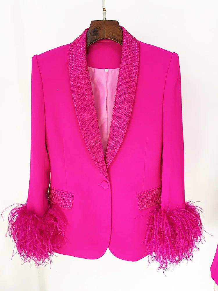 Pink Suits Ostrich Feather Outfits Fashion Feather Embellished Diamond Shawl Collar Jacket Pencil Pants Womens 250410
