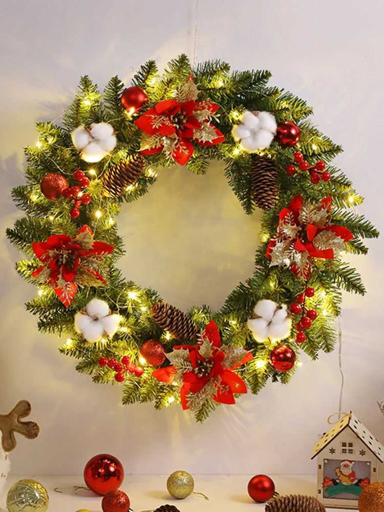 Christmas Door Decor Wreaths with Spruce Pine Cones Berry Ball 40CM Hanging Garlands Realistic PVC Light Up for Home Party DecorM251115