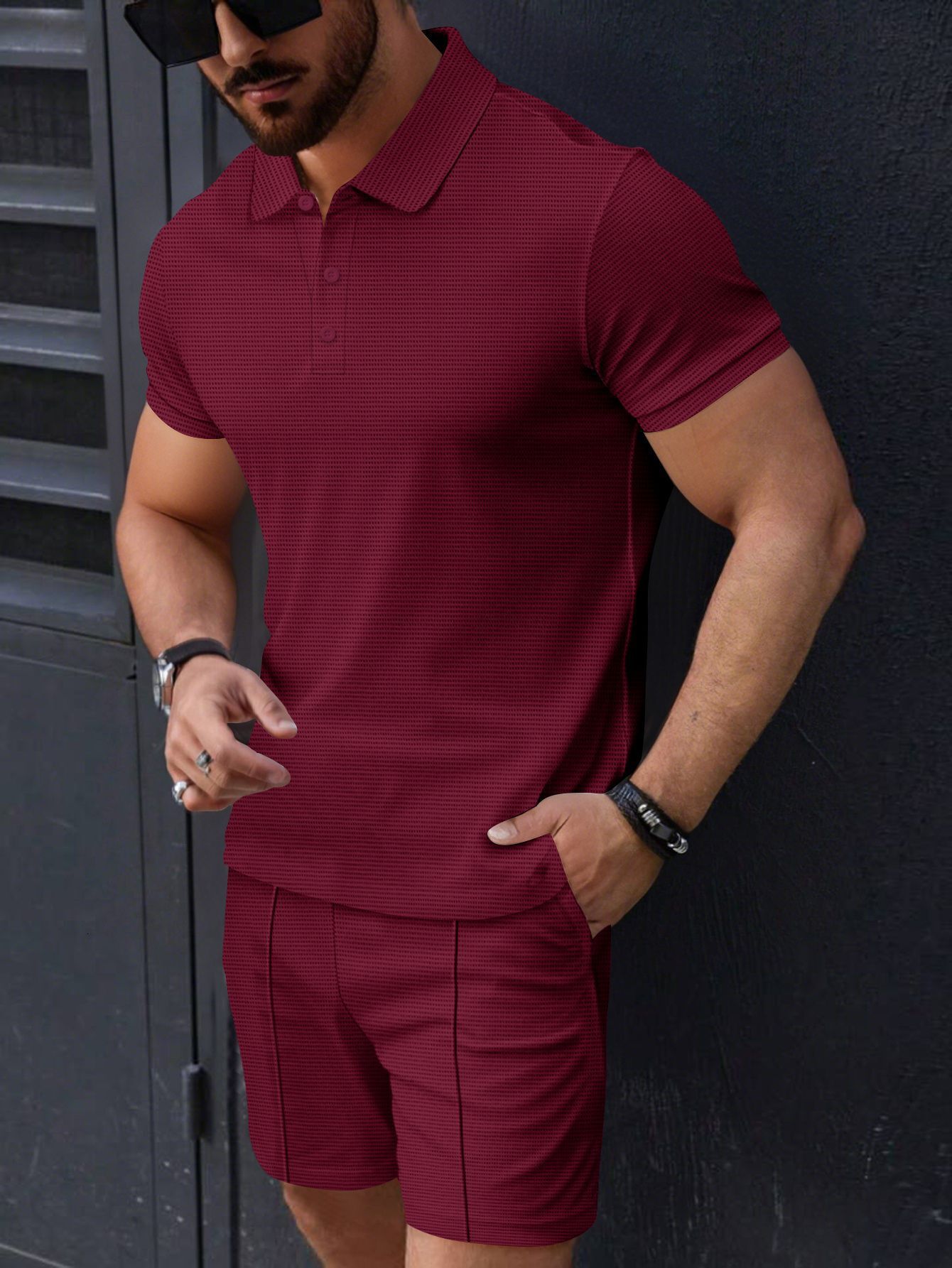 Summer fashion mens small square solid color lapel short sleeved polo shirt shorts casual breathable set