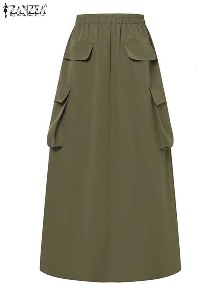 ZANZEA Vintage Cargo Maxi Skirts Women Elegant Loose Jupes Office Big Pockets Jupes Autumn Elastic Waist Skirts Streetwear 250409