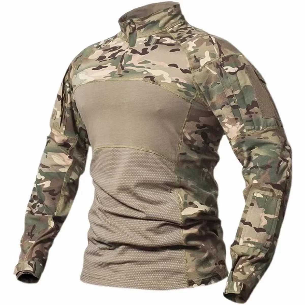 Outdoor tactical shirt mens long seven top combat shirt camouflage 1/4 zipper tear resistant elastic hiking T-shirt hunting suit W250415