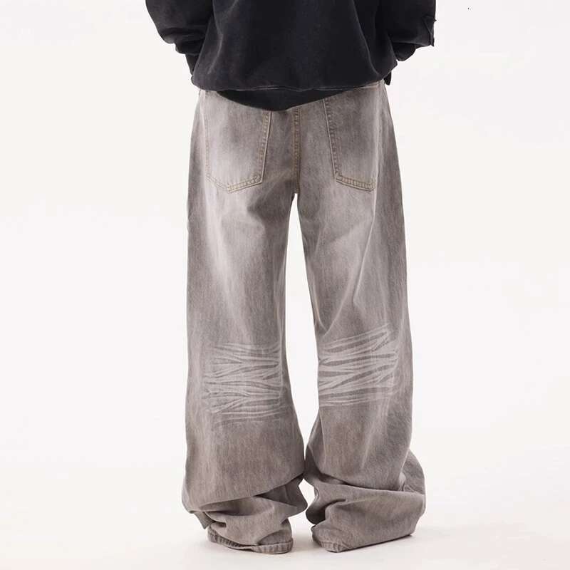 American Style Washed Worn-Out Jeans Men's High Street Striped Loose Vintage Wide Leg Pants 2025 Spring Fashion New 28W5192
