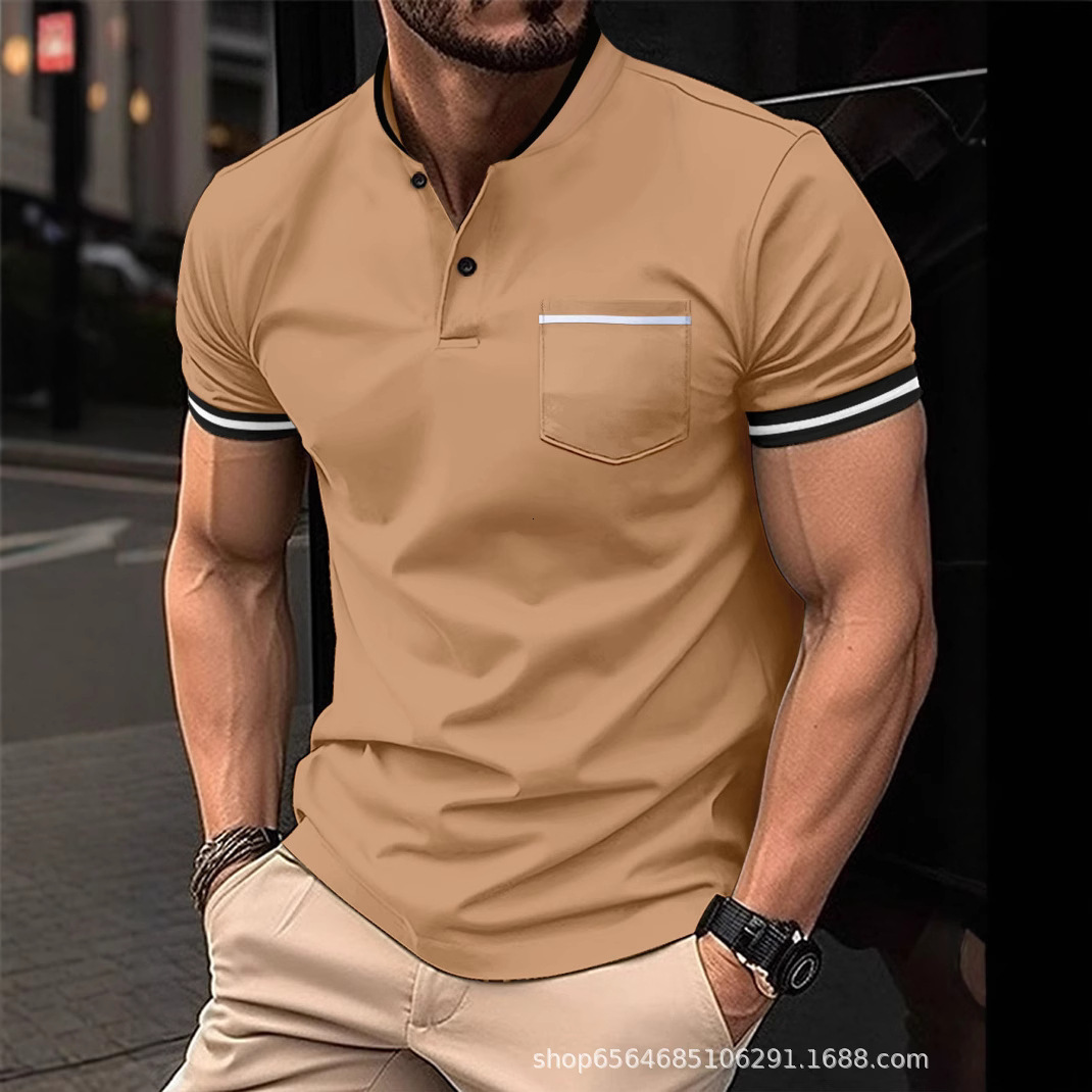 Spring Fashion Mens Short Sleeve Solid Color Stand up Collar Pocket Henley Shirt Polo Shirt