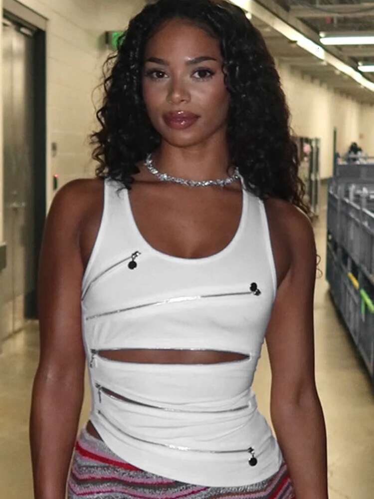 Weird Puss Zipper Patchwork Vest Women Hollow Irregular Square Collar Solid Hottie Coquettish Sexy Trend Streetwear Tank Tops