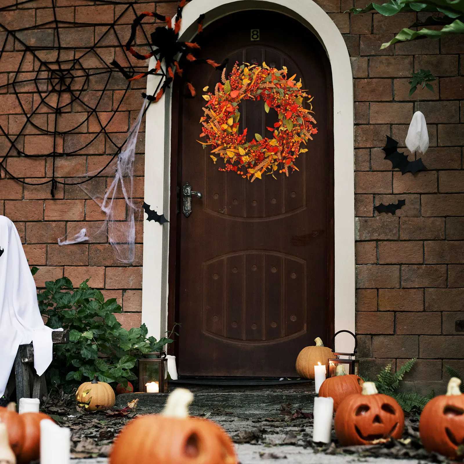 Artificial Fall Wreath Harvest Wreath Garland Thanksgiving Halloween Home Door Hanging Decorations For Celebration Home OfficeM251115