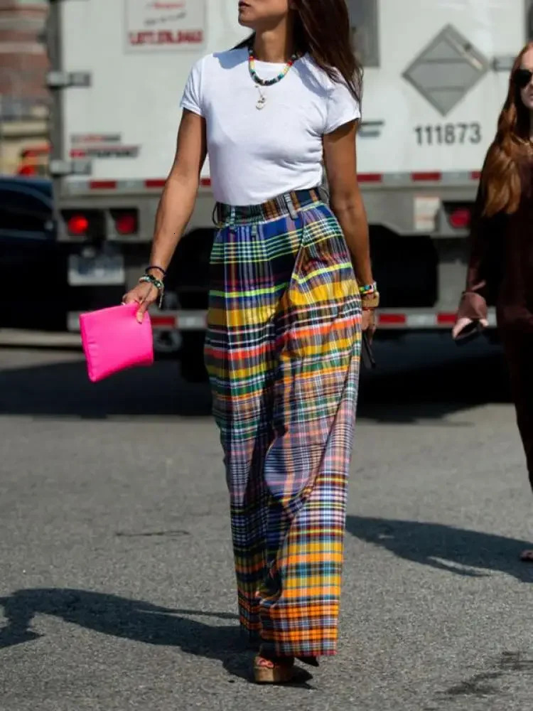 Missuoo 2024 Female Vintage Multi-colored Plaid Pants Spring and Summer Loose Casual Floor-length Wide Leg Pants for Women250414