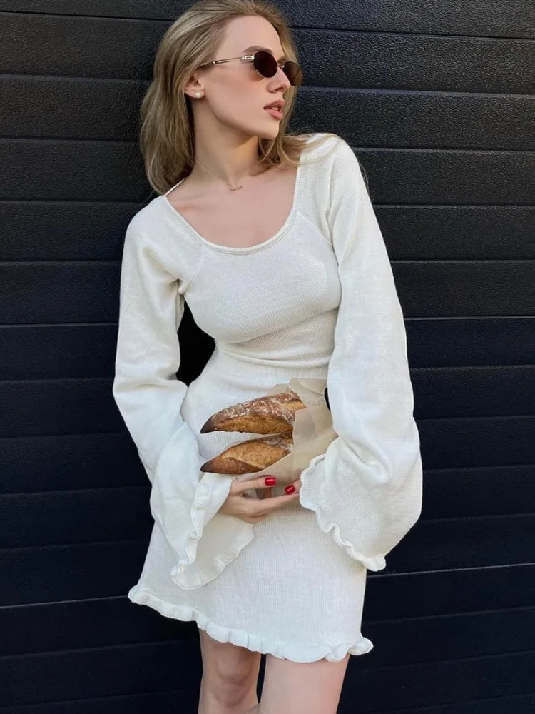 Taruxy Sexy Backless Knitted Mini Womens Lace Long Sleeve Solid Short Dress Club High Waist Dress Womens 250415