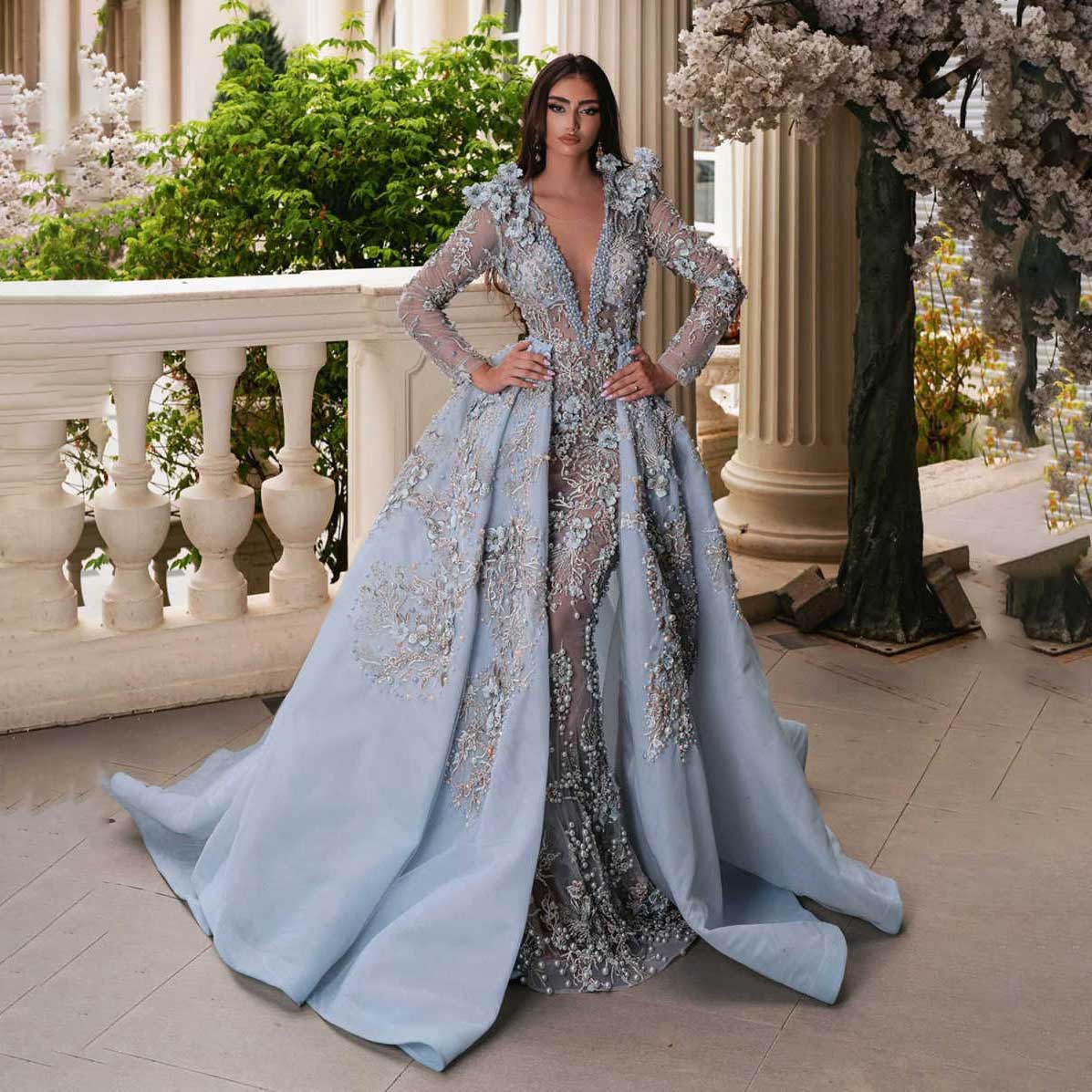 Mermaid Prom Gown V-Neck Evening Dress Crystal Flower Party Dresses Detachable Tail Bridal Gowns Robes De Mariee Size Customized L241637