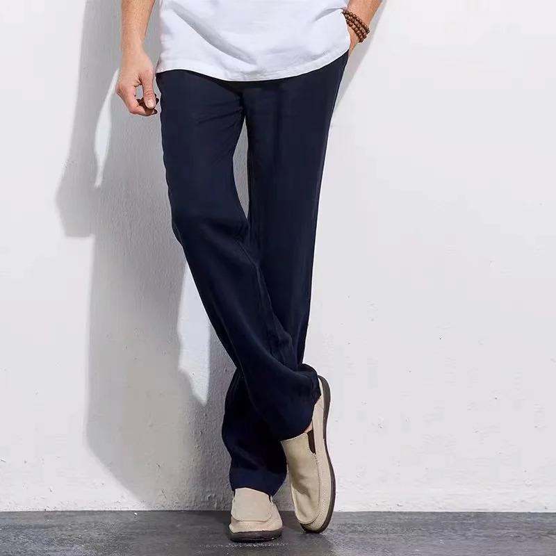 Retro mens pleated cotton linen casual pants drawstring side zipper elastic waist comfortable and breathable beach straight 250407