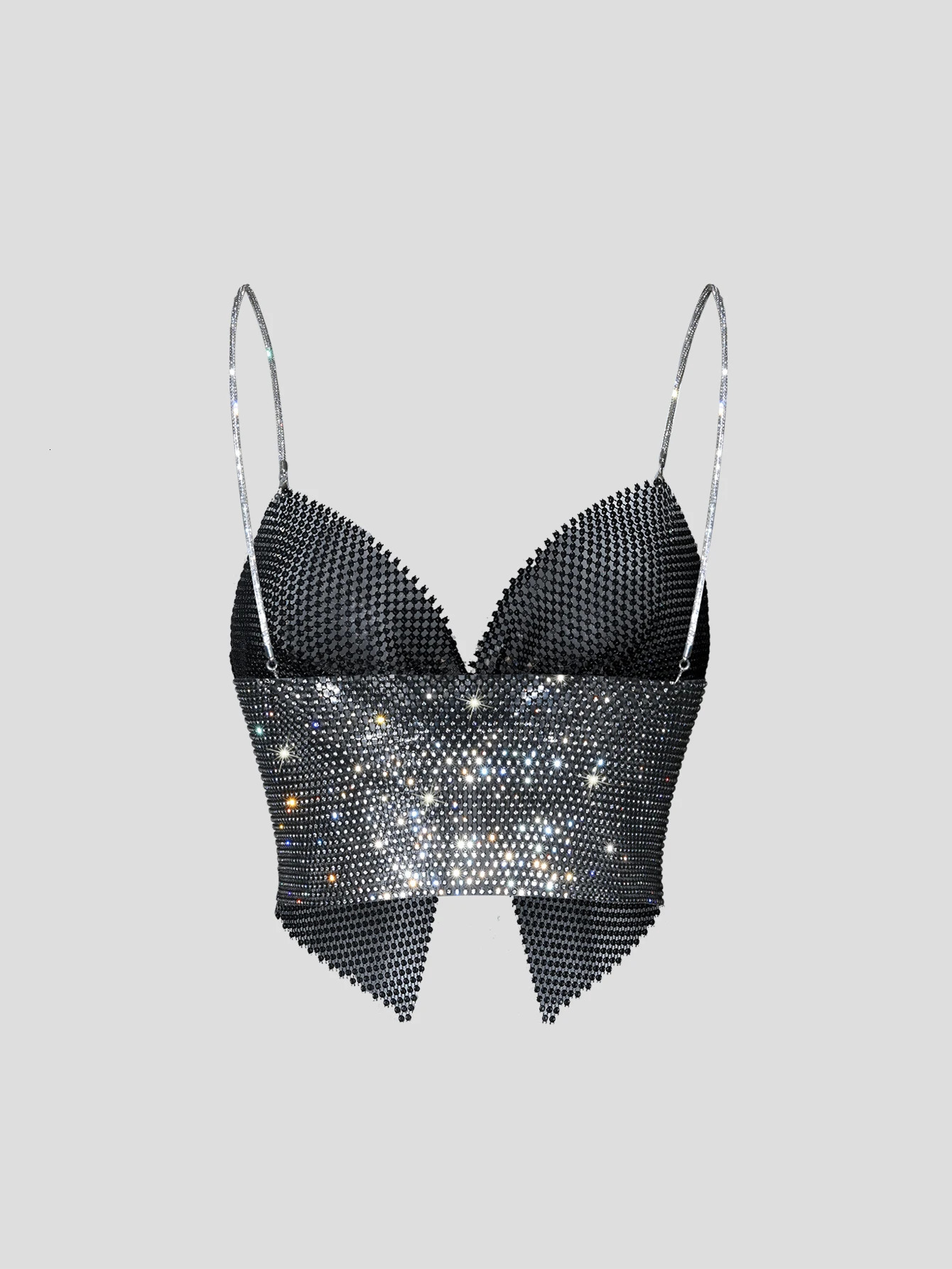 Summer Women Elastic Fishnet Crop Top Glitter Rhinestone Mesh Fine Flash Shoulder Strap V Neck Tank Top Rave Festival Camisole 250415