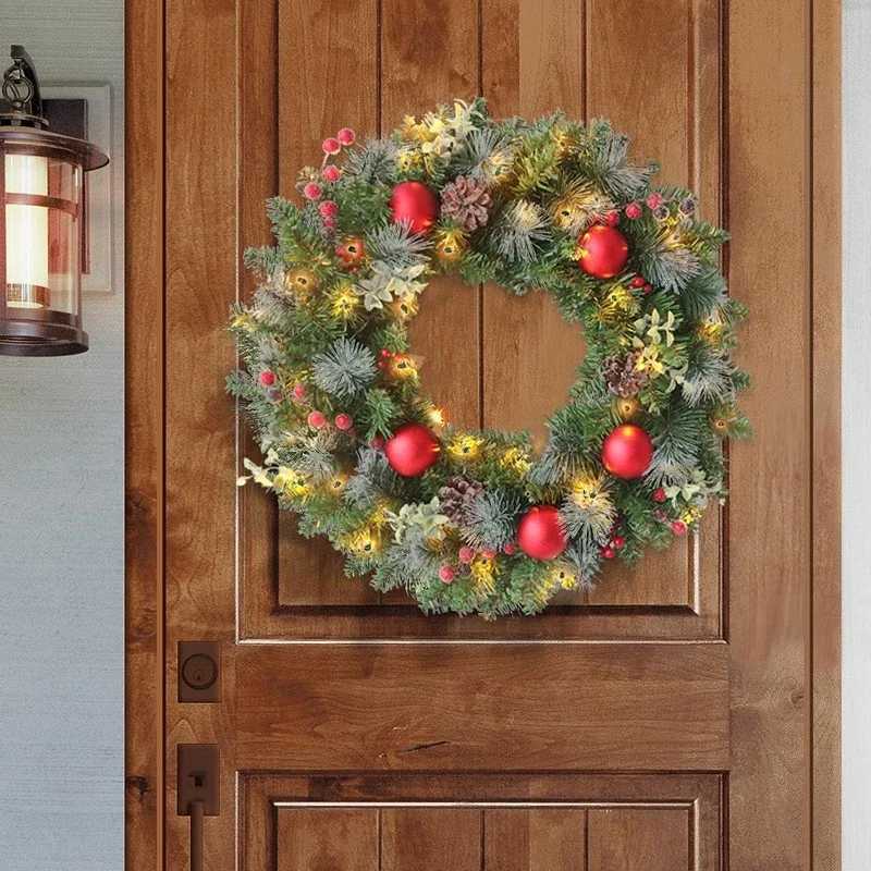 LED Christmas Wreath For Front Door Red Berry Garland Christmas Xmas Ball Wreath Window Door Wall Ornament Decorations GiftsM251115