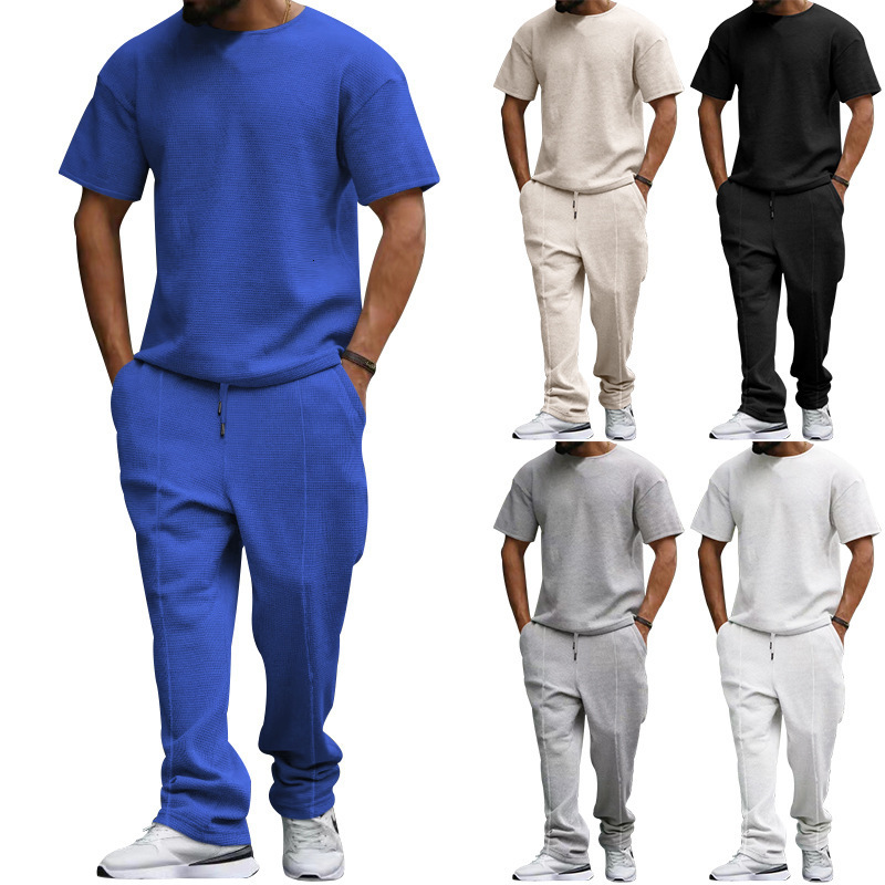 Men's short sleeved and long pants set, waffle oversized round neck casual set