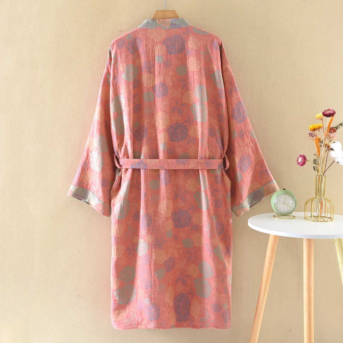 Cotton Yarn Dyed Nightgown Robes for Women Spring and Autumn Thin Vintage Jacquard Sleepwear Yukata Kimono Bath Robe C251115