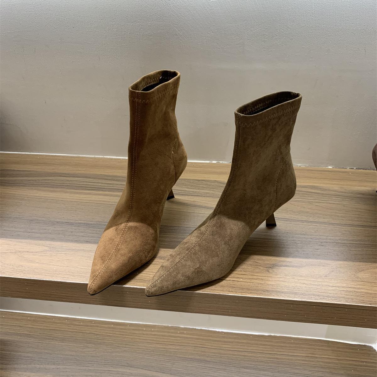 High Heel Pointed Toe Suede Khaki Slim Short Women's Shoes 2025 New Spring and Autumn Single Korean Style Small Bare Boots - view 5