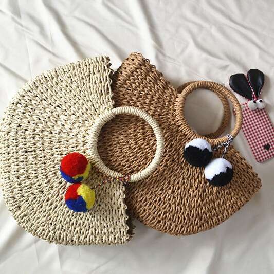 Handmade Beach Bag 2024 New Summer Women's Grass Paper Rope Handbag Half Round Woven Bag Kq2