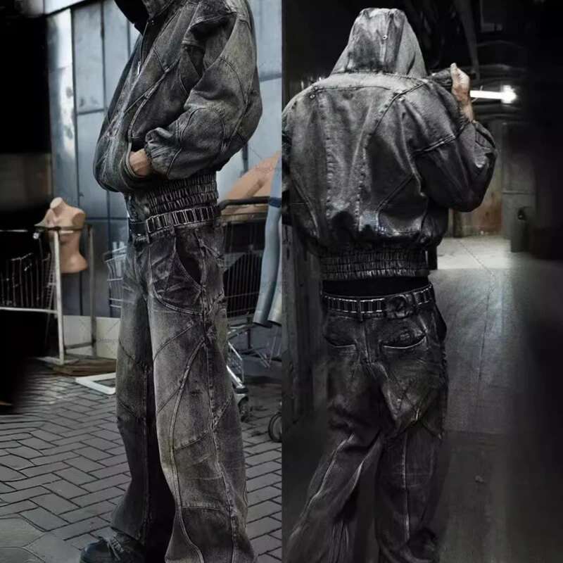 Spliced Design Washed Jeans Men's Streetwear Fashion Straight Leg Denim Pants Hip Hop Trendy Trousers Spring 28W4634