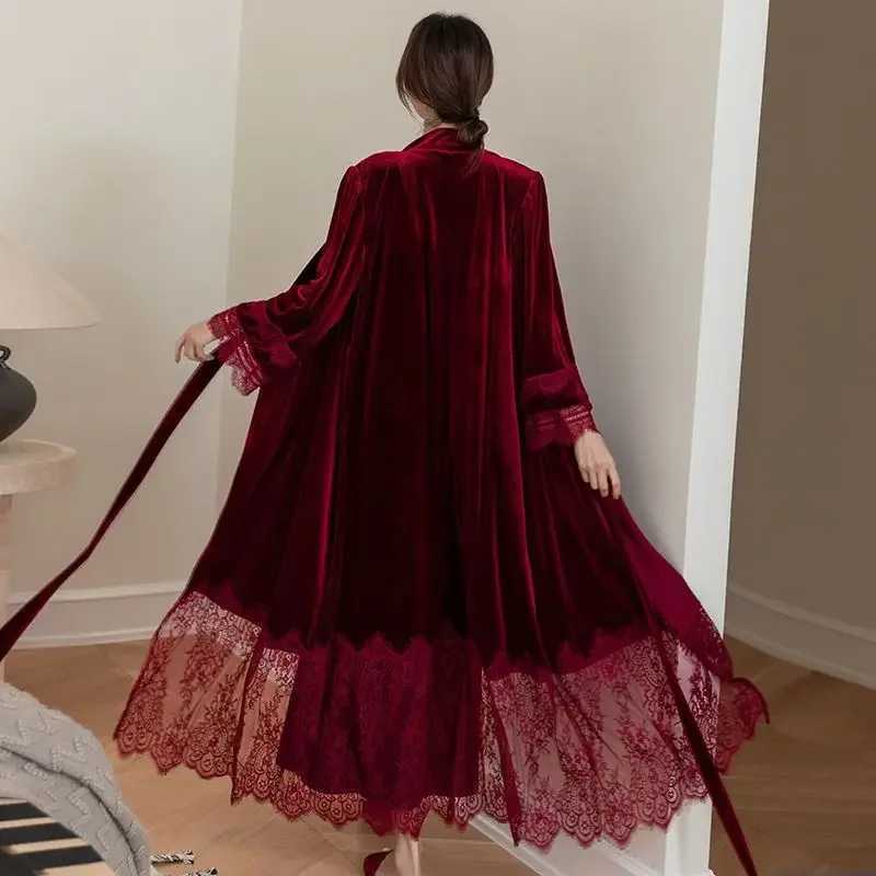 Sexy Lace Bride Wedding Robe Nightdress Set Burgundy Velvet Long Kimono Bathrobe Gown Autumn Winter Velour Homewear Lingerie C251115