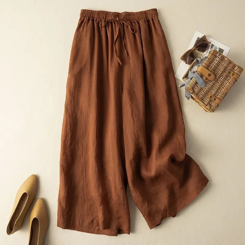 Fashionable cotton linen wide leg pants loose straight ankle length leather casual high waisted 2024 summer womens 250414Z