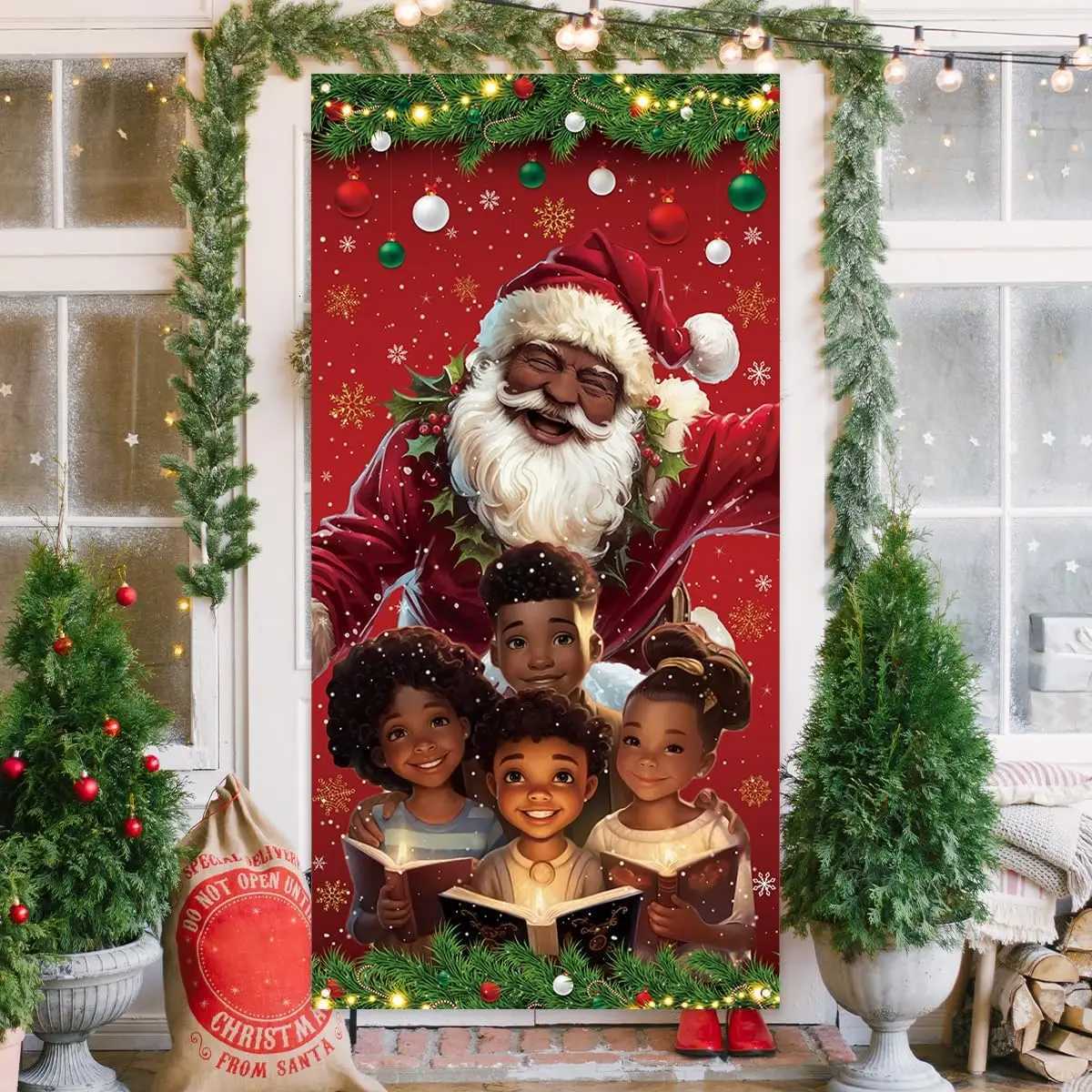 African American Christmas Door Cover Black Santa Claus Banner Black African American Christmas Decor Merry New year Xmas DecorM251115