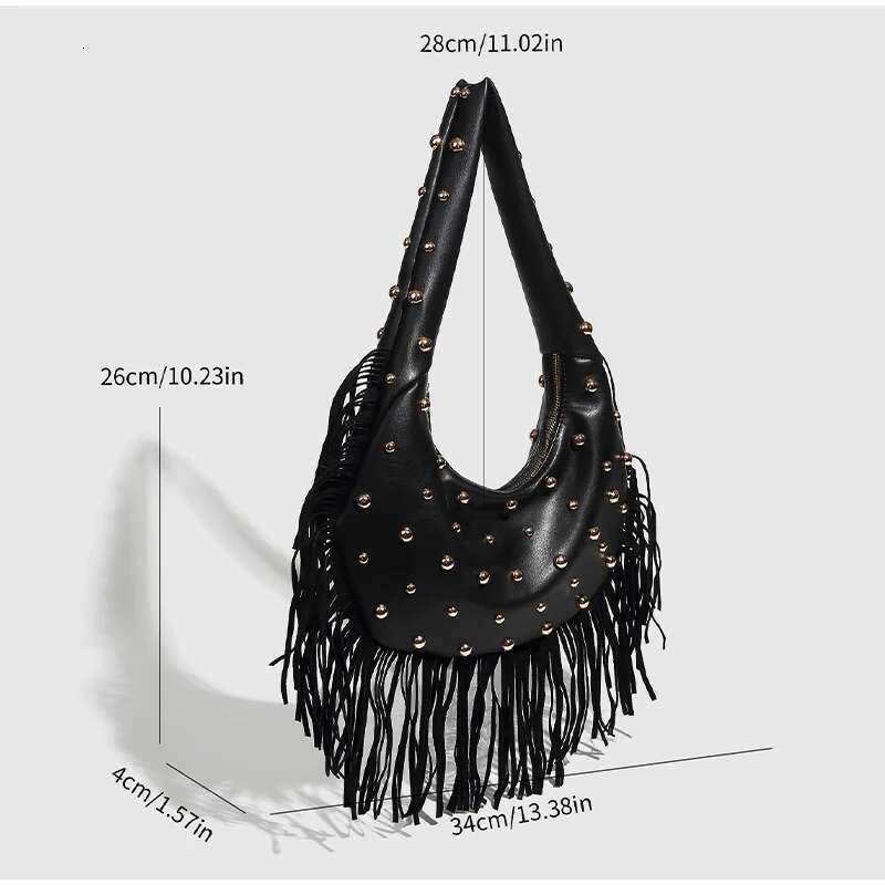 Brand Design Tassel Rivet Handbag Retro Shoulder High Quality Pu Leather Messenger Bag Ladies Large Capacity Armpit Bag