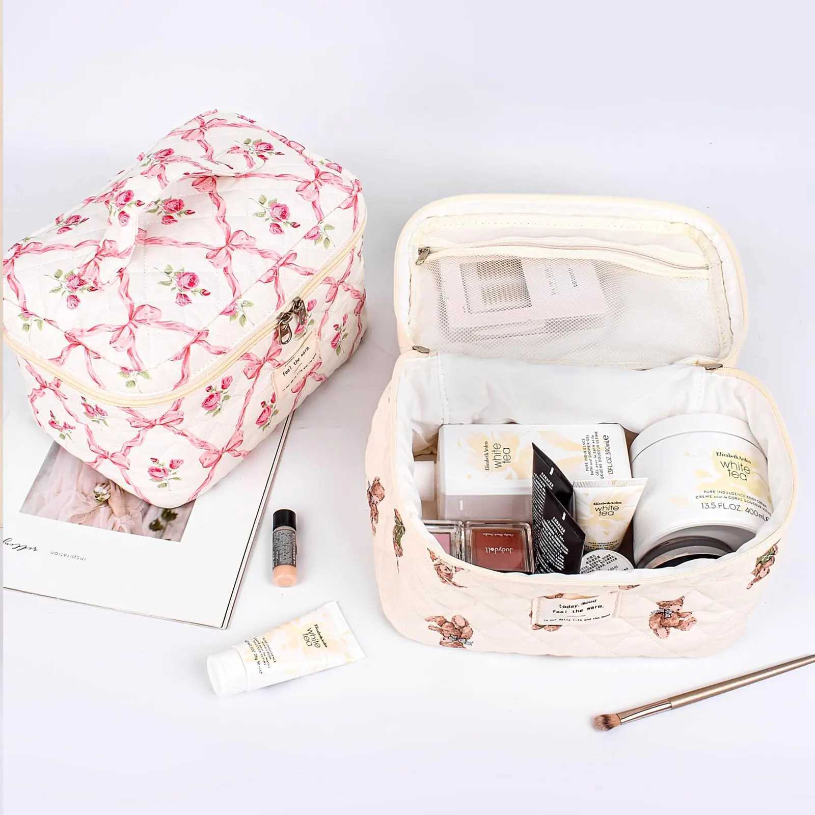 Fi Retro Flower Womens Makeup Bag Cott Handbag Portable Womens Cosmetics Storage Handbag Travel Organizer Zipper Quilt Cover BagXJ250415