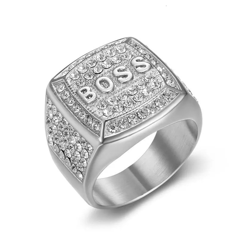 Hip Hop Bling Iced Out Stainless Steel BOSS Finger Rings for Men Rapper Jewelry Gold Silver Color Drop 250414