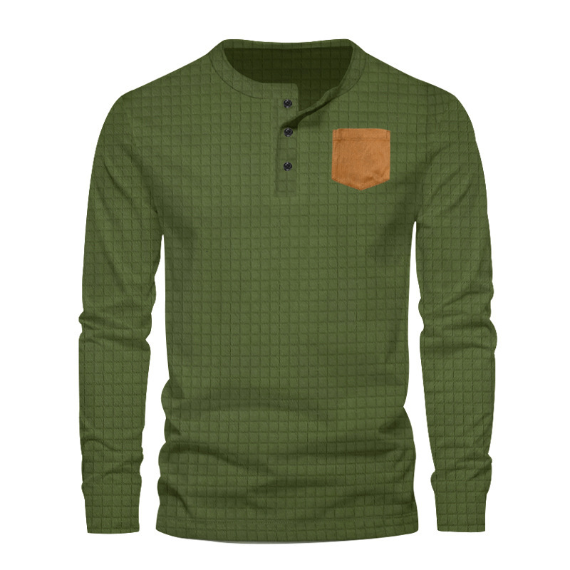 2025 Spring and Autumn Leisure Long Sleeve Jacquard Small Square Solid Color Buckle Slim Fit Patch Bag Hoodie T-shirt Sweatshirt for Men