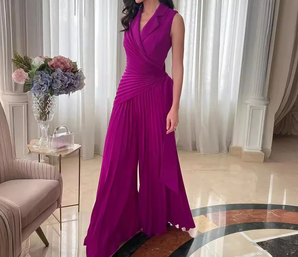 Wide Leg Jumpsuit Pants for Women Summer Fashionable Collar Multi Fold Solid Color Jump Suits for Female Streetwear 250415