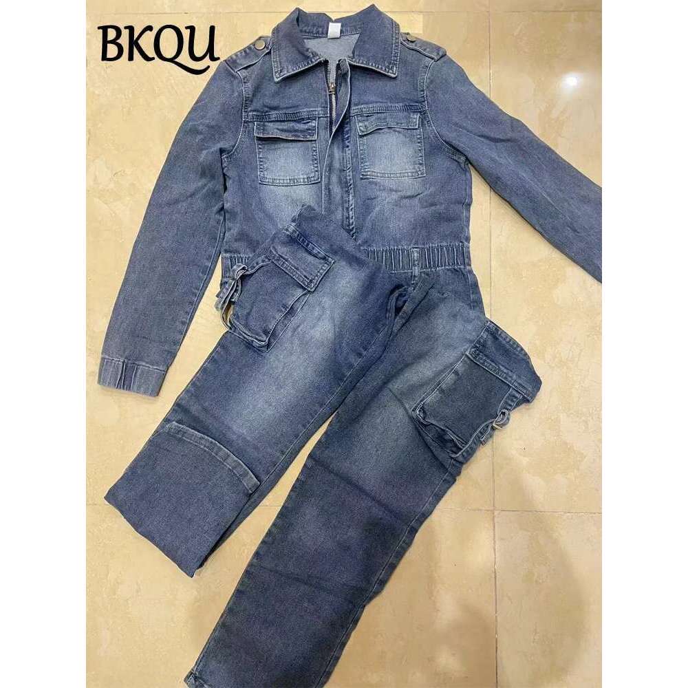 Designer Clothes BKQU Denim Cargo Jumpsuit Women Pockets Patchwork Fashion Lapel Zipper Jean Stretch Overalls Playsuit Fall Winter Y2k Streetwear
