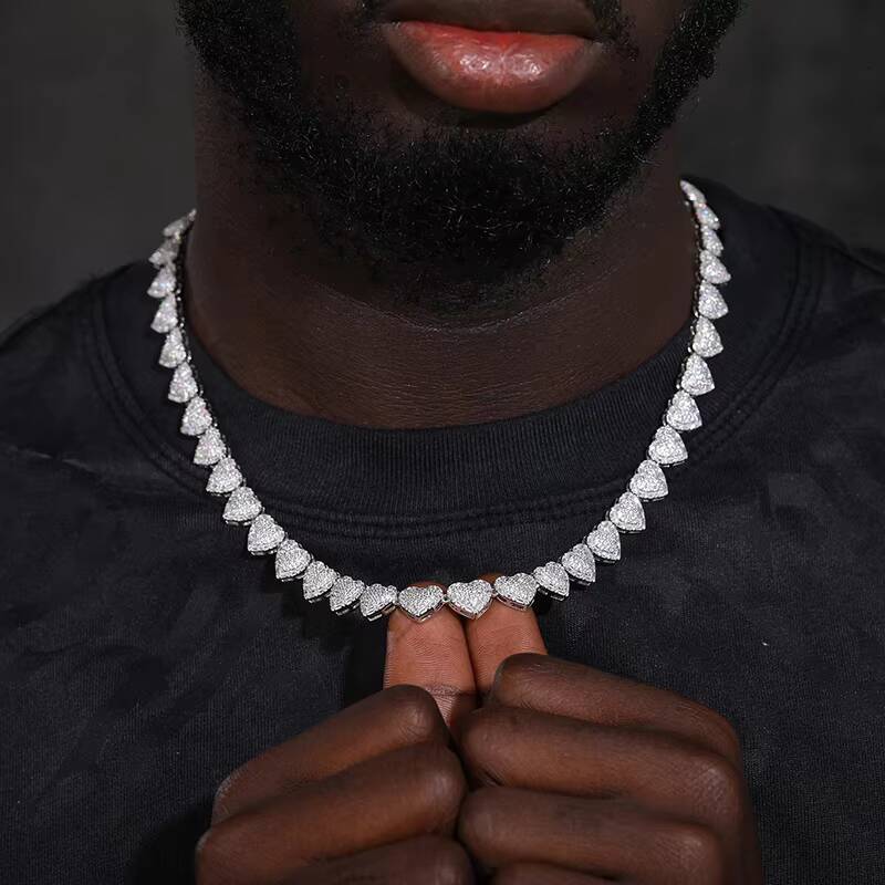 Full Iced Out Diamond 925 Solid Silver 10mm Hip Hop Luxury Baguette Moissanite Heart Link Chain Couple Necklace
