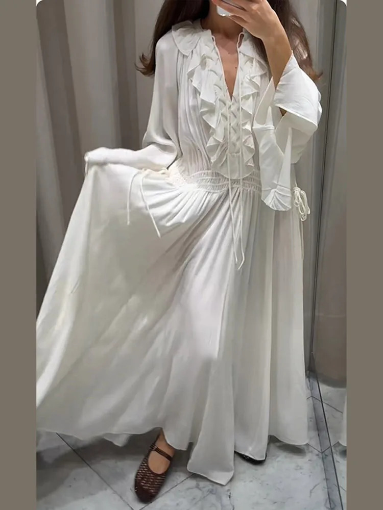 Elegant white loose Guaze long dress womens casual V-neck Flare full sleeve long dress womens street office dress 250415