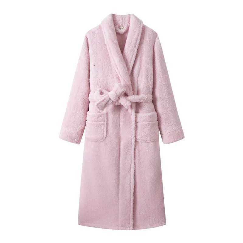 Elegant Pink Robe Flannel Kimono Gown Women Long Sleeve Bathrobe Autumn Winter Warm Sleepwear Loungewear with Pocket Nightgown C251115