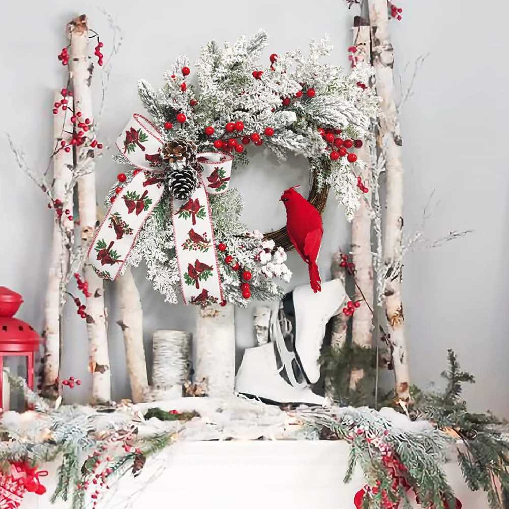 Christmas Tree Wreath Red Berry and Cardinal Bird Christmas Decoration Xmas Decor Wreath for Door Mirror Window Wall Home DecorM251115