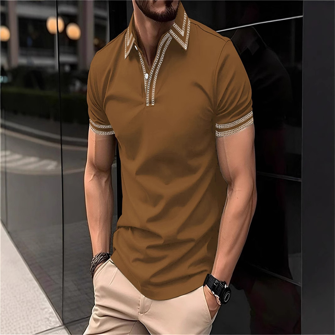 Mens POLO summer daily casual tactical training patchwork lapel line solid color short sleeved t-shirt