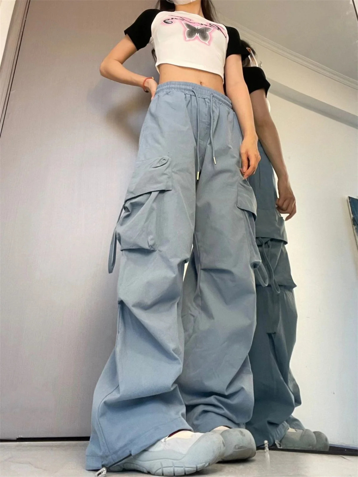 Womens high waisted cargo pants fashion pockets American retro solid mens spring and autumn hiphop clothing Y2K street 250414