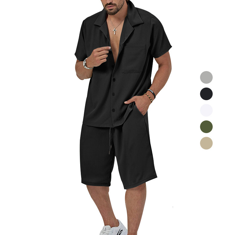 2025 Summer Men's Short sleeved Shorts Set Solid Color Collar Shirt Large Casual Two Piece