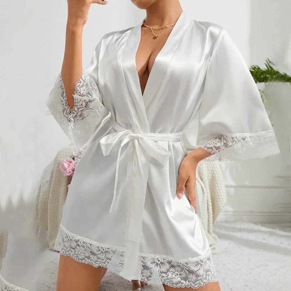 2025 New Ladies Elegant Satin Robe Lace Trim Kimono Short Sleepwear Nightgown V Neck Belted Bridal Loungewear Bridesmaid Gift C251115