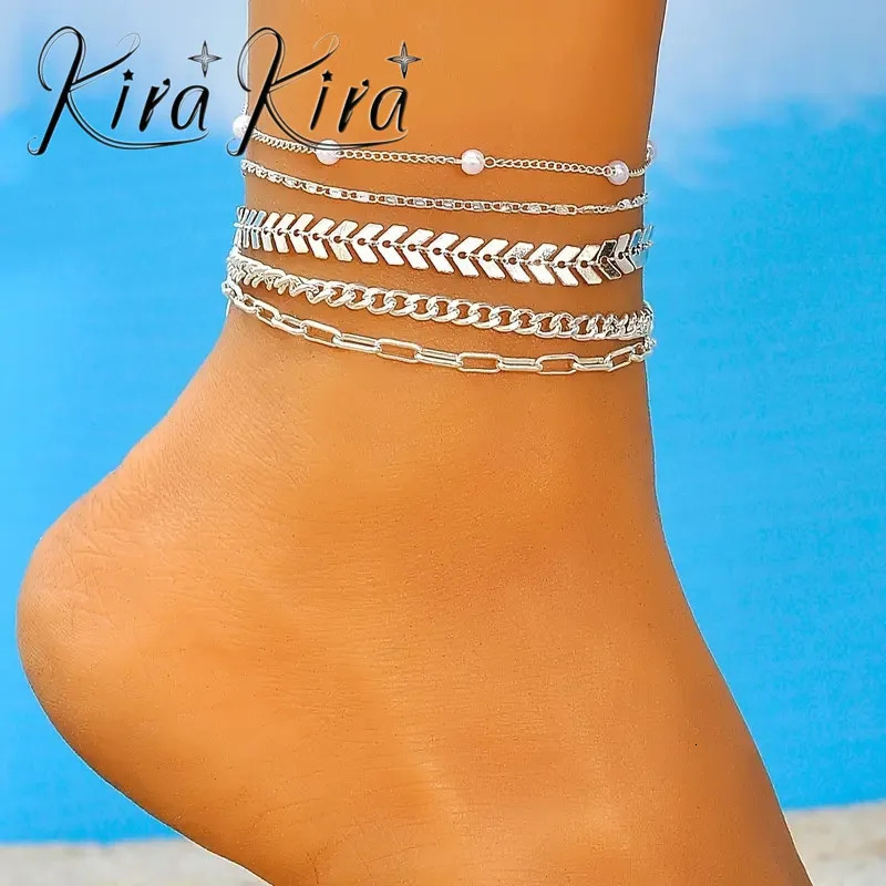 Summer Fashion 5 Pearl Foot Bracelets for Women Multi Layer 250408