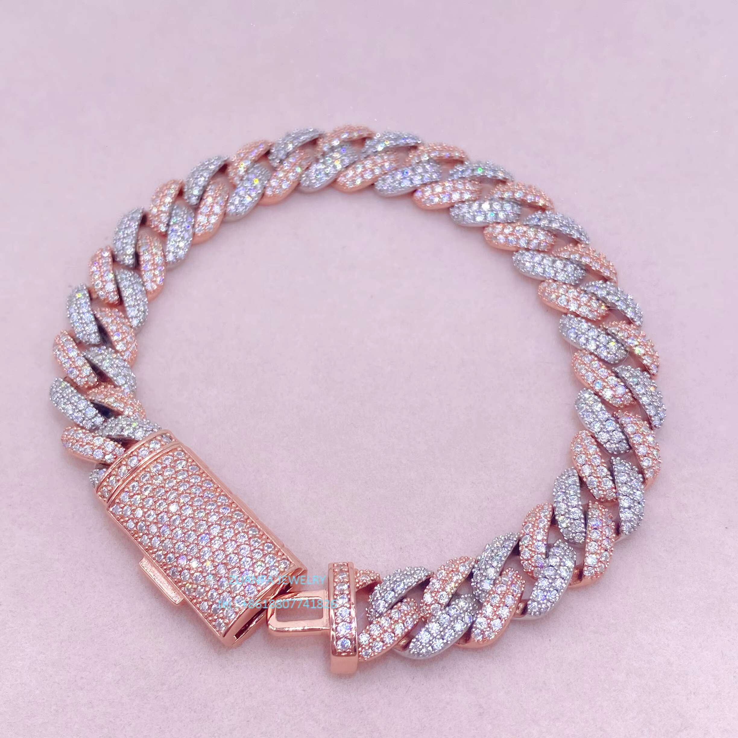 Rose Gold 2 Tone Vvs Moissanite Diamond 10mm Thick Sterling Silver Cuban Link Chain Bracelet