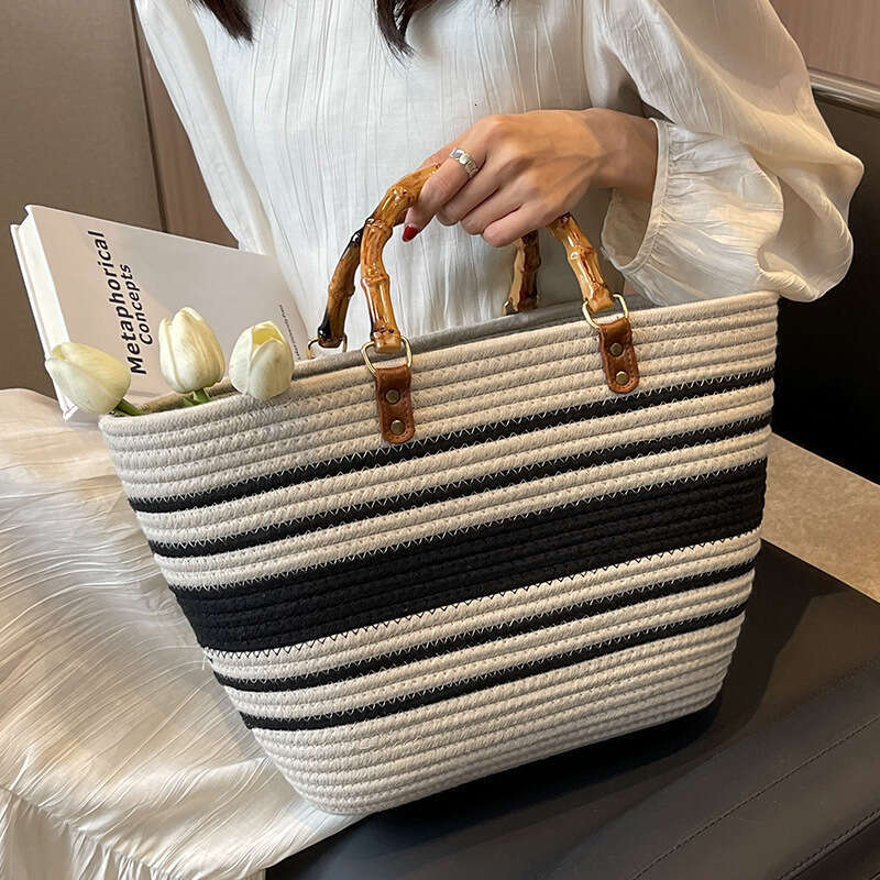 Handmade Beach Bag Striped High-Capacity Cotton Thread New Imitation Bamboo Joint French Grass Woven Portable Beach Bag, Women's Bag Kq2