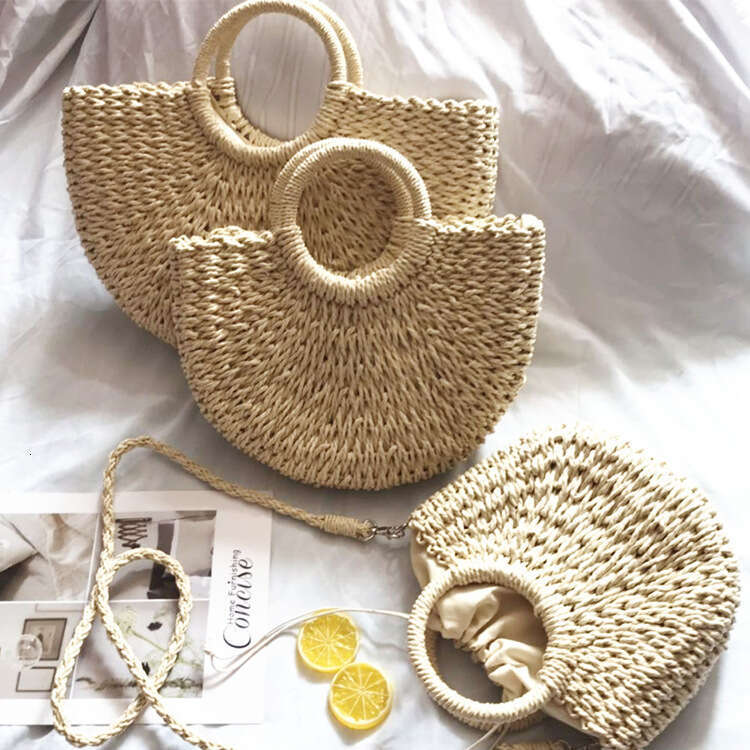 Handmade Beach Bag New Paper Rope Fashion Versatile Hand-Held Crossbody Small Round Bucket Hand Grass Woven Bag Kq2