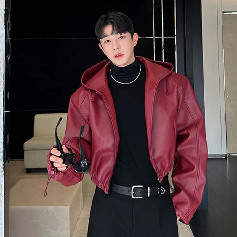 IEFB American Style Mens Jackets Casual Pu Leather Drawstring Hooded Solid Color Loose Male Coats Personalized Autumn 9C7986 250409