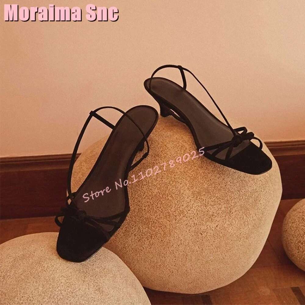 Fashion Concise Narrow Band Sandals Knot Hollow Sexy Kitten Mid Heel Solid Women's Dress Shoes Slip On Summer Banquet 2024 New