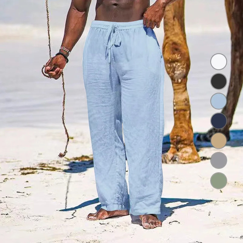 Casual Loose Cotton Linen Men Pants Summer Male High Elastic Waist Wide Leg Sand Holiday Beachwear Straight Full Trousers 250414